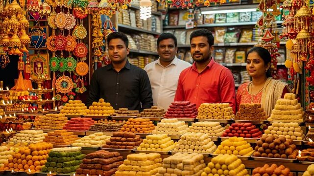 Group of Indian vendors proudly presenting a vibrant assortment of traditional sweets. Three men and a woman in a festive market shop during Diwali.