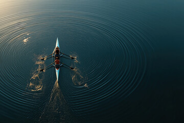 Two synchronized rowers glide across calm water in perfect aerial symmetry