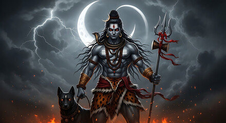 Fototapeta premium Angry Lord Shiva with Trident and Dog: Bhairava Avatar of Mahadev