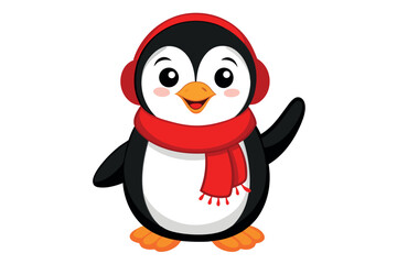 Cartoon penguin with red scarf and earmuffs isolated on white background