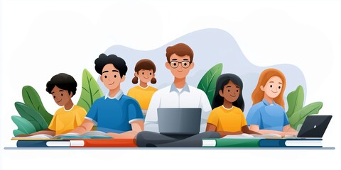 Illustration of diverse individuals sitting with books and laptops, symbolizing teamwork, learning, and education in a natural setting. Ideal for themes of collaboration, diversity, and study.