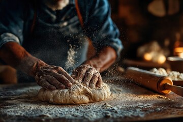 Artisan baker kneading dough in morning light with rustic wooden table beneath