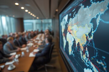 Modern boardroom meeting with global export map and attentive businesspeople in suits