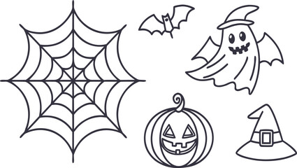Fototapeta premium Outlined halloween icons featuring a spiderweb bat ghost pumpkin and a witch's hat in black and white