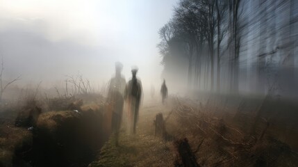Ghostly Figures Walking Through an Old Battlefield in Foggy Atmosphere