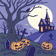 Spooky Halloween night with carved pumpkins and haunted church under a full moon vector