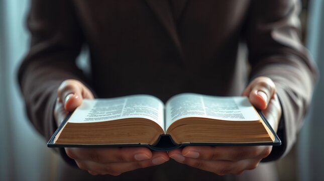 Hands holding open Bible in close-up symbolizes faith and hope, hands holding Bible create a powerful image of devotion and spiritual connection, offering reassurance.