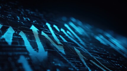 Futuristic digital interface with arrows representing growth and progress in technology and data analysis.