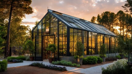 Obraz premium Elegant Greenhouse with Metal Frame and Glass Panels at Sunset