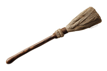 Rustic wooden broom with natural fiber bristles tied with twine isolated on a transparent background