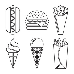 Outline icons of popular fast food and desserts