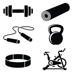 Collection of black silhouettes of fitness equipment on a white background