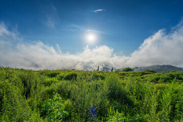 Sea of Clouds and green meadow in Beijing mountains