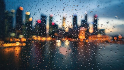 Obraz premium Rain-streaked window reveals a blurred, nighttime cityscape of towering buildings and glowing lights reflected in water