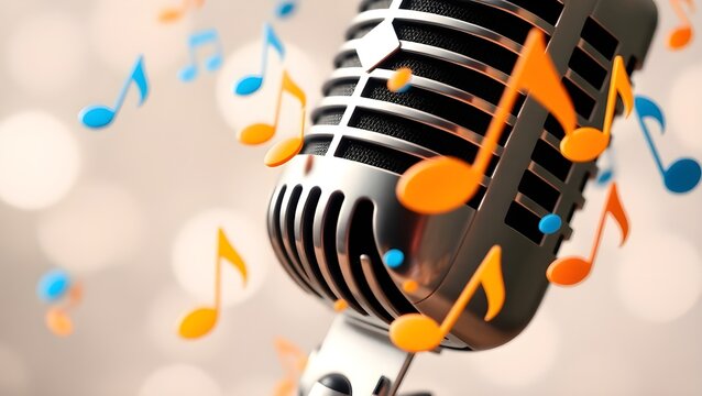Abstract background of electric rock karoke mic with flying musical notes, international music day concept