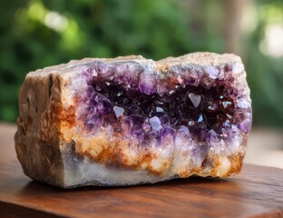Raw amethyst geode with deep purple crystals nestled in a tan and white matrix, resting on a dark wood surface against a blurred green background