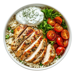 Grilled Chicken Bowl with Fresh Vegetables and Creamy Dressing, Healthy Meal Option on transparent background