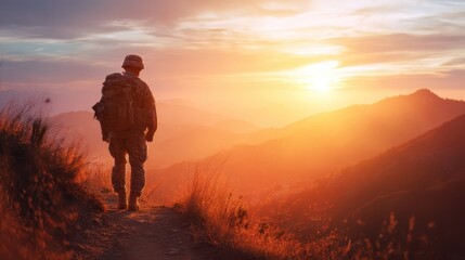 Hopeful Veteran Hiking at Sunrise Over Serene Mountain Background