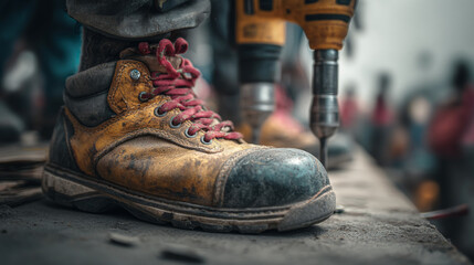 Close up of a work boot with red laces and a drill in the background on a wooden surface