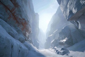 Frozen canyon, sunlight streams through icy walls