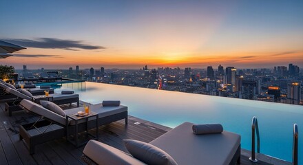 Stunning rooftop infinity pool overlooking vibrant city skyline at sunset offers luxurious relaxation retreat