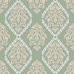 Vintage Damask Pattern Sage Green Design - Traditional Vintage Damask Fabric Print Vector - Classic Vintage Damask Art for Elegant Interior Design Projects
