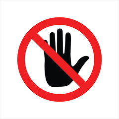 Black hand silhouette in red prohibition circle with diagonal line stop sign no entry