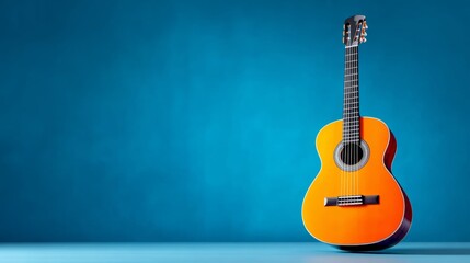 Fototapeta premium Guitar is sitting on a blue background. The guitar is orange and is the main focus of the image