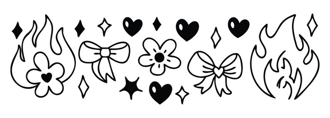 Cute Hearts and Flames Doodle Set – Black and White Sketch Icons