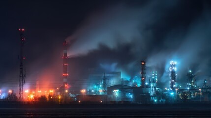 Obraz premium Nighttime Industrial Plant with Smoke and Colorful Lights