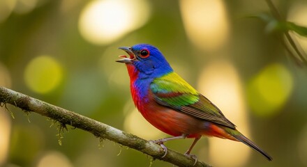 Stunning painted bunting sings a vibrant song from its perch in the sunny forest, a colorful natural wonder