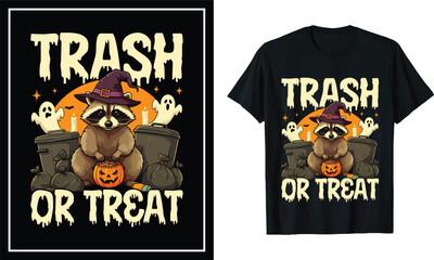 Trash or Treat Halloween T-Shirt – Funny Raccoon in Witch Hat with Pumpkin	
