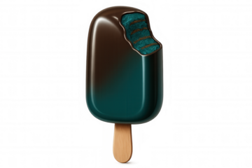 Turquoise ice cream bar coated in dark chocolate, partially bitten, resting on transparent surface with crisp edges