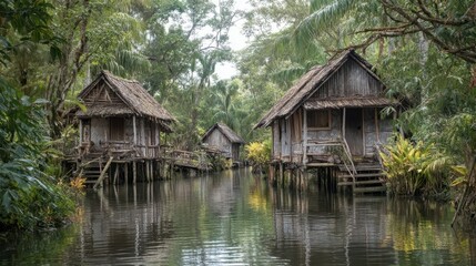 Tranquil Jungle Village with Stilted Huts by Serene Waterway