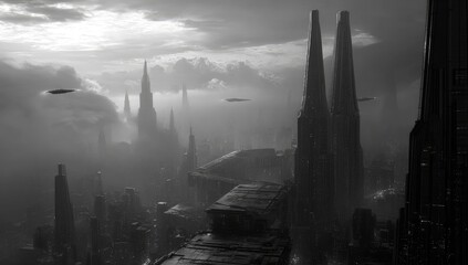 Monochromatic cityscape shrouded in mist, tall, slender structures dominate the skyline under a brooding sky; aerial perspective reveals flying vehicles