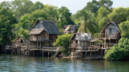 Fototapeta premium Wooden Huts on Stilts Surrounded by Lush Jungle Landscape