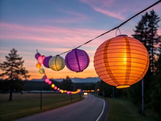 Many colorful paper lanterns glow brightly strung above a quiet winding road at beautiful sunset twilight, creating a festive outdoor scene.