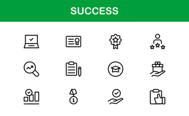 Professional Success Icon Collection with Minimal Line Art Featuring Motivation, Victory, Rewards, and Growth Graphics