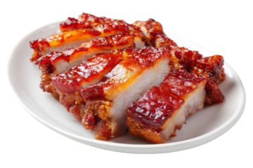 Sliced Char Siu Pork Belly with Glazed Red Sauce isolated on a transparent background chinese barbecue