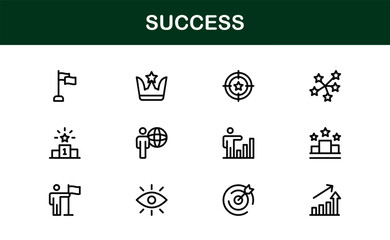 Professional Success Icon Collection with Minimal Line Art Featuring Motivation, Victory, Rewards, and Growth Graphics