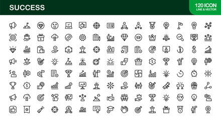 Professional Success Icon Collection with Minimal Line Art Featuring Motivation, Victory, Rewards, and Growth Graphics