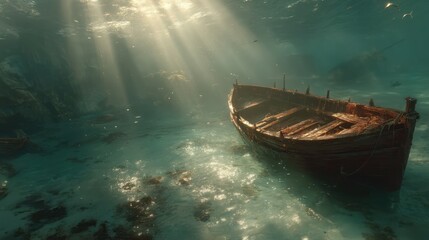 Obraz premium Sunlit, sunken wooden boat in shallow water