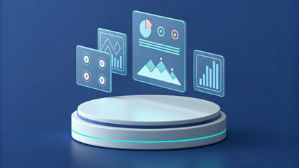Futuristic podium displaying holographic data charts