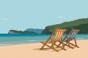 Obraz premium Relaxing beach scene with colorful striped chairs and peaceful ocean view for vacation