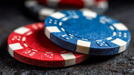 Obraz premium Colorful poker chips stacked on a textured surface ready for a game night with friends or at a casino during an exciting evening event