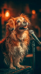 Dog performs on stage during open mic night at a local bar showcasing talent and creativity in a cozy atmosphere