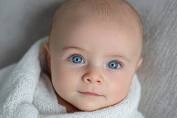 A baby with bright blue eyes is wrapped in a white knitted blanket its face centered and in focus