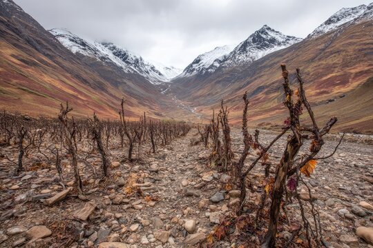 Mountain vineyard, autumn, barren vines, rocky path