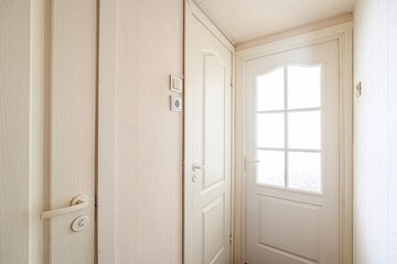 bright, indoor shot of a hallway with two cream-colored paneled doors and a light switch/outlet on the wall. One door has a glass window