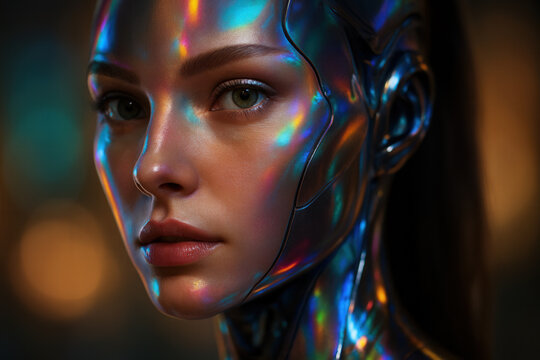 Futuristic cybernetic female figure with iridescent metallic skin reflecting rainbow hues and intricate mechanical seams against a blurred urban night backdrop